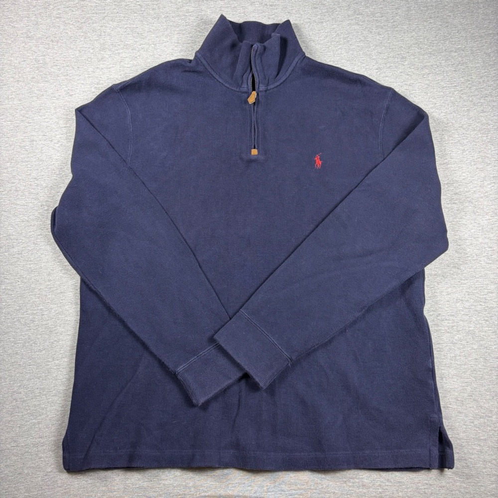 Polo Ralph Lauren 1/4 Zip Sweater Large Navy Blue Cotton Ribbed Academia